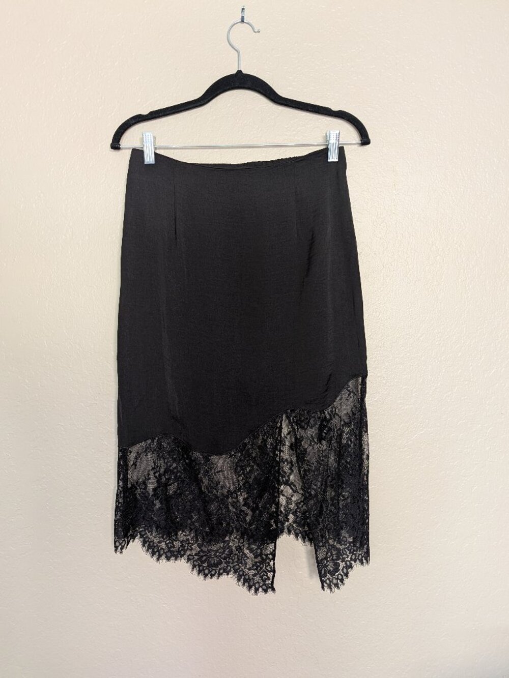 J.ING Black Satin & Eyelash Lace Asymmetrical Midi Skirt - Size L